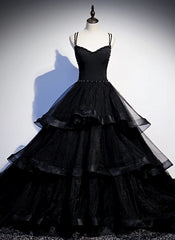 Prom Dress, Black Tulle Layers Straps Beaded Long Evening Dress, Black Formal Dress Prom Dress