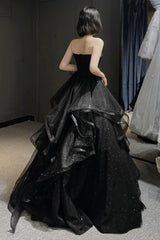 Bridesmaids Dresses Affordable, Black Tulle Long A-Line Prom Dress,Ball Dresses with Ruffles