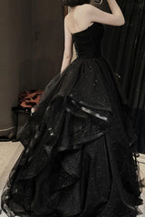 Bridesmaid Dress Affordable, Black Tulle Long A-Line Prom Dress,Ball Dresses with Ruffles