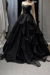 Bridesmaid Dresses Custom, Black Tulle Long A-Line Prom Dress,Ball Dresses with Ruffles