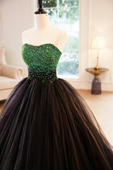 Bridesmaid Dresses Chiffon, Black Tulle Long Formal Dress with Green Beaded, Black Strapless Prom Dress