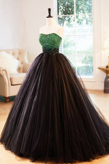 Bridesmaids Dresses Summer, Black Tulle Long Formal Dress with Green Beaded, Black Strapless Prom Dress