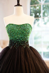 Bridesmaid Dress Summer, Black Tulle Long Formal Dress with Green Beaded, Black Strapless Prom Dress