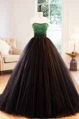 Bridesmaids Dress Fall, Black Tulle Long Formal Dress with Green Beaded, Black Strapless Prom Dress