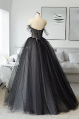 Formal Dress For Wedding Party, Black Tulle Long Prom Dress, Black A-Line Strapless Evening Dress