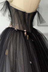 Formal Dress Floral, Black Tulle Long Prom Dress, Black A-Line Strapless Evening Dress
