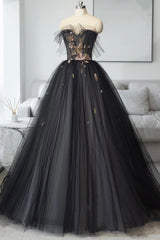 Formal Dresses Corset, Black Tulle Long Prom Dress, Black A-Line Strapless Evening Dress