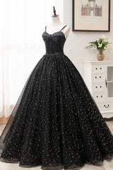 Evening Dress Gown, Black Tulle Long Prom Dress, Black Spaghetti Straps Formal Evening Gown