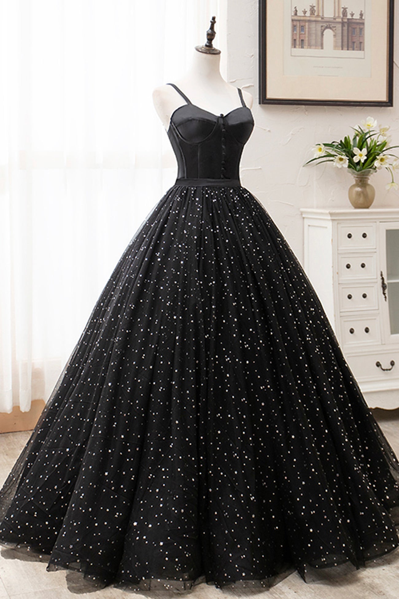 Evening Dress Gowns, Black Tulle Long Prom Dress, Black Spaghetti Straps Formal Evening Gown