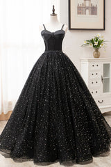 Evening Dress Wholesale, Black Tulle Long Prom Dress, Black Spaghetti Straps Formal Evening Gown