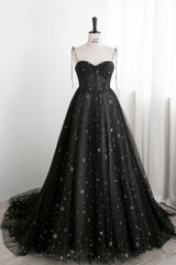 Evening Dresses On Sale, Black Tulle Long Prom Dress with Stars, Cute Spaghetti Straps Graduation Dress