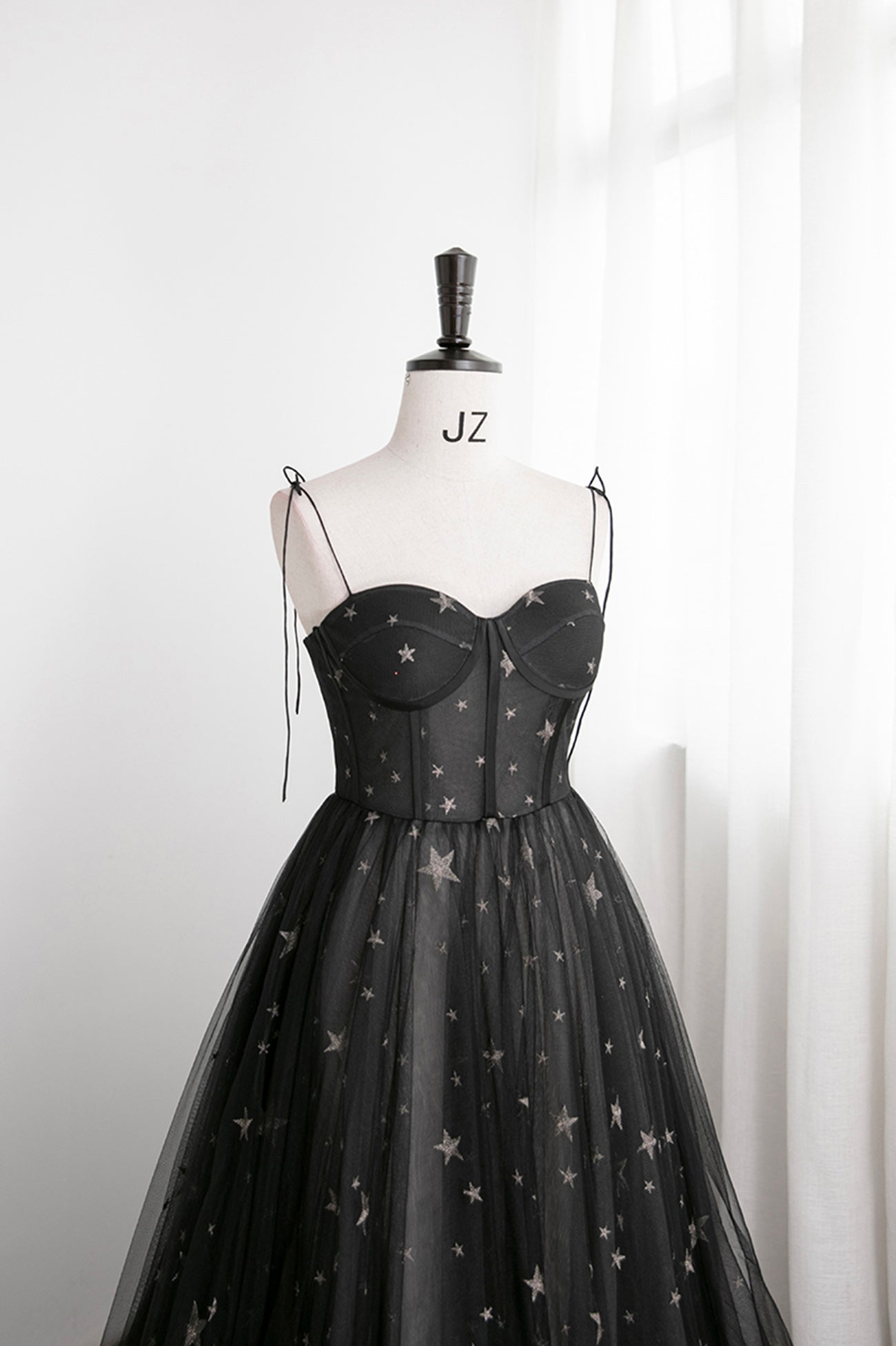Evening Dresses Online, Black Tulle Long Prom Dress with Stars, Cute Spaghetti Straps Graduation Dress