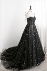 Evening Dresses Online Shopping, Black Tulle Long Prom Dress with Stars, Cute Spaghetti Straps Graduation Dress
