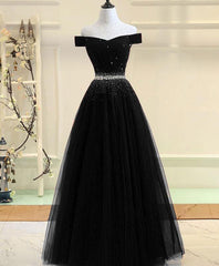 Evening Dresses Boutique, Black Tulle Off Shoulder Beaded Party Dress , Black New Dress for Party
