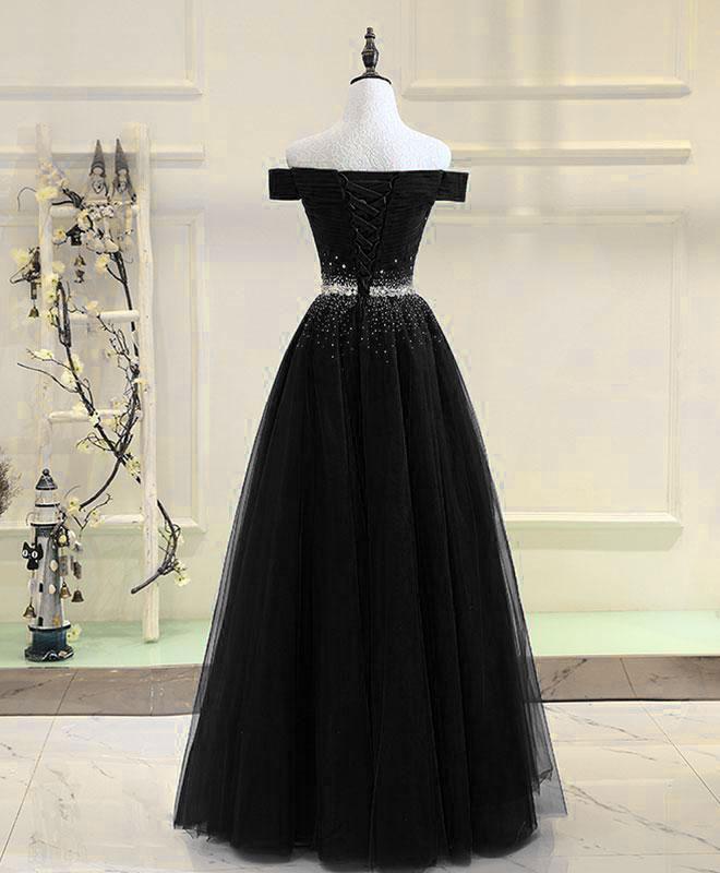 Evening Dresses Elegant, Black Tulle Off Shoulder Beaded Party Dress , Black New Dress for Party