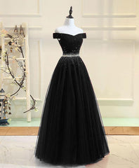 Evening Dresses For Weddings, Black Tulle Off Shoulder Beaded Party Dress , Black New Dress for Party