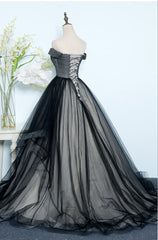 Evenning Dresses Short, Black Tulle Off Shoulder Floor Length Gown, Black Evening Dresses