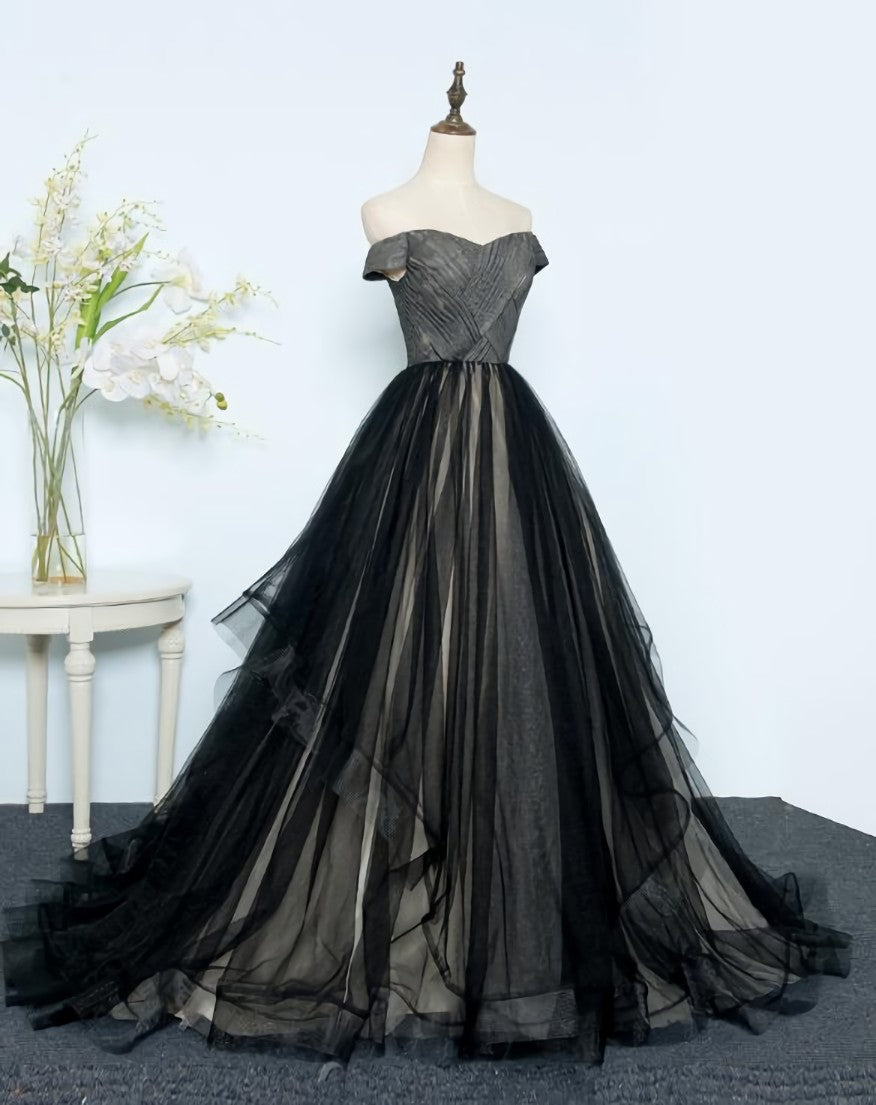 Evening Dresses Ball Gown, Black Tulle Off Shoulder Floor Length Gown, Black Evening Dresses