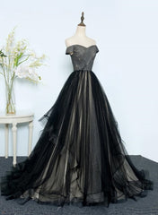 Evening Dresses Lace, Black Tulle Off Shoulder Floor Length Gown, Black Evening Dresses