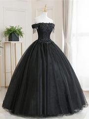 Bodycon Dress, Black Tulle Off Shoulder Lace Long Prom Dress, Black Evening Dress