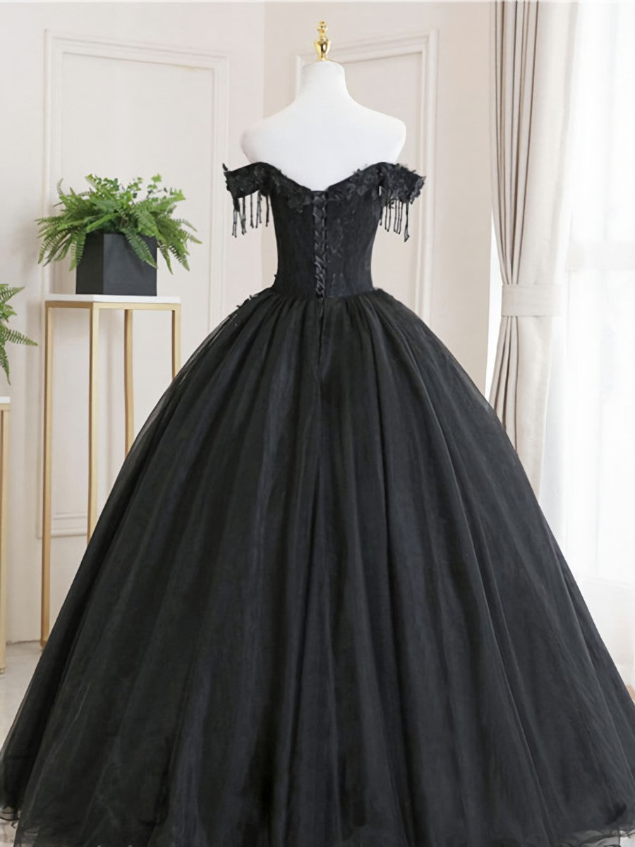 Gown Dress, Black Tulle Off Shoulder Lace Long Prom Dress, Black Evening Dress