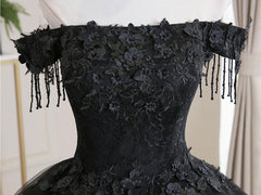Sun Dress, Black Tulle Off Shoulder Lace Long Prom Dress, Black Evening Dress