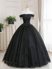 Backless Dress, Black Tulle Off Shoulder Lace Long Prom Dress, Black Evening Dress