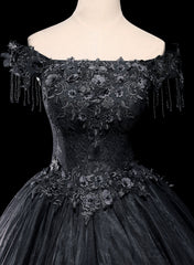 Prom Dress Trends 2023, Black Tulle Off Shoulder with Lace Applique Party Dress, Black Tulle Long Sweet 16 Dress