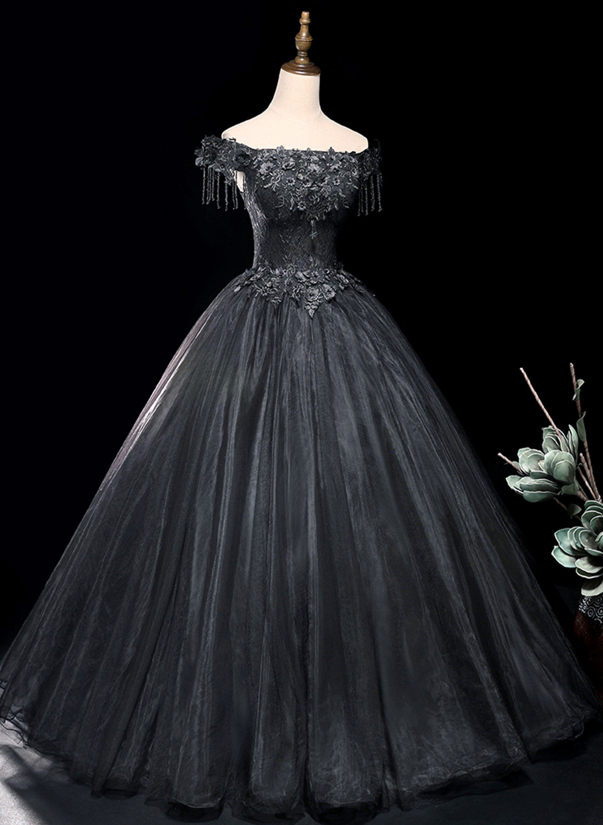 Prom Dress For Teen, Black Tulle Off Shoulder with Lace Applique Party Dress, Black Tulle Long Sweet 16 Dress