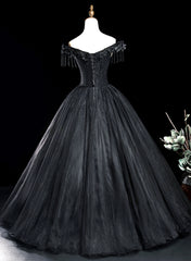 Prom Dresses For Teen, Black Tulle Off Shoulder with Lace Applique Party Dress, Black Tulle Long Sweet 16 Dress