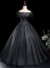 Prom Dress Places, Black Tulle Off Shoulder with Lace Applique Party Dress, Black Tulle Long Sweet 16 Dress