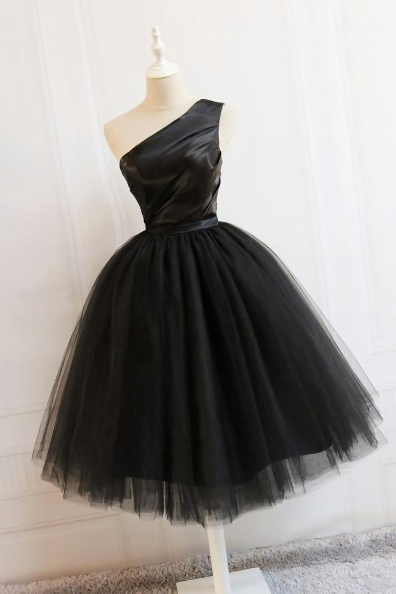 Elegant Dress For Women, Black Tulle One Shoulder Elegant Tea Length Party Dress, Black Formal Dress
