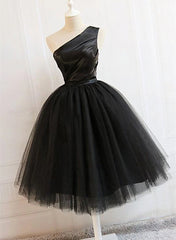Dream Dress, Black Tulle One Shoulder Elegant Tea Length Party Dress, Black Formal Dress