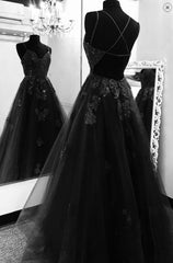 Prom Dresses 3 10 Sleeves, Black Tulle Open Back Prom Dress A-line Formal Dresses Long