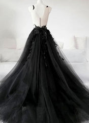 Formal Dresses Nearby, Black Tulle Party Dress with Lace Long Prom Dress, Pretty Black Evening Dress