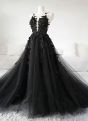 Formal Dressing For Ladies, Black Tulle Party Dress with Lace Long Prom Dress, Pretty Black Evening Dress