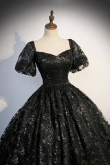 Fancy Dress, Black Tulle Sequins Long Prom Dress, A-Line Short Sleeve Formal Evening Gown