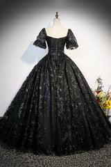 Blue Dress, Black Tulle Sequins Long Prom Dress, A-Line Short Sleeve Formal Evening Gown