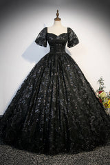 Pretty Dress, Black Tulle Sequins Long Prom Dress, A-Line Short Sleeve Formal Evening Gown