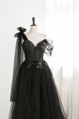 Formal Dress With Sleeve, Black Tulle Sequins Long Prom Dress, Black One Shoulder Evening Dress