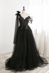 Formal Dress Homecoming, Black Tulle Sequins Long Prom Dress, Black One Shoulder Evening Dress