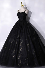 Evening Dresses Black, Black Tulle Sequins Long Prom Dress, Black Spaghetti Straps Evening Dress