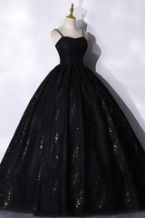 Evening Dress Prom, Black Tulle Sequins Long Prom Dress, Black Spaghetti Straps Evening Dress