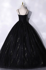 Evening Dresses Prom, Black Tulle Sequins Long Prom Dress, Black Spaghetti Straps Evening Dress