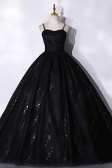 Evening Dress Black, Black Tulle Sequins Long Prom Dress, Black Spaghetti Straps Evening Dress