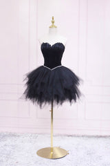 Party Dress On Sale, Black Tulle Short Prom Dress with Feather, A-Line Sweetheart Neckline Party Dress