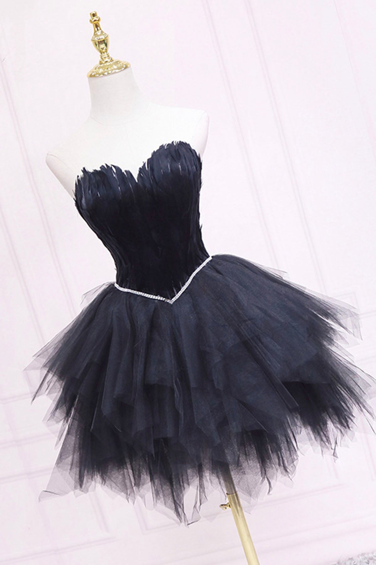 Party Dresses Formal, Black Tulle Short Prom Dress with Feather, A-Line Sweetheart Neckline Party Dress