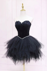Party Dresses On Sale, Black Tulle Short Prom Dress with Feather, A-Line Sweetheart Neckline Party Dress