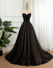 Wedding Pictures, Black Tulle Sweetheart A-line Formal Dress with Lace, Black Long Prom Dress