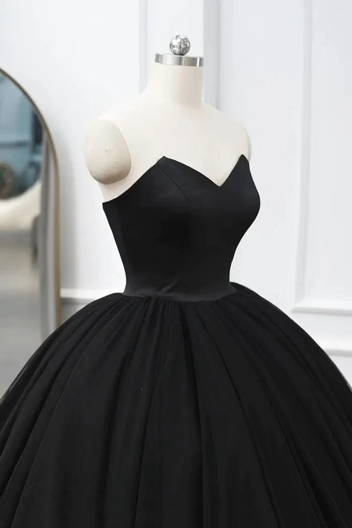 Bridesmaid Dress Sleeveless, Black Tulle Sweetheart Ball Gown Sweet 16 Dress, Black Long Formal Dress